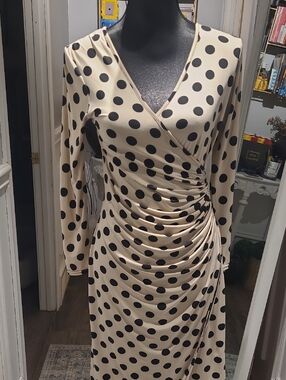 Ruched Beige Polka Dot Wrap Dress with Long Sleeves